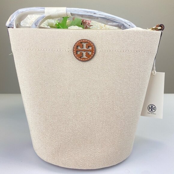 Tory Burch 160762 Blake Canvas Bucket Bag in Beige - Picture 1 of 10